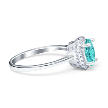 Halo Art Deco Oval Engagement Ring Simulated Paraiba Tourmaline CZ 925 Sterling Silver
